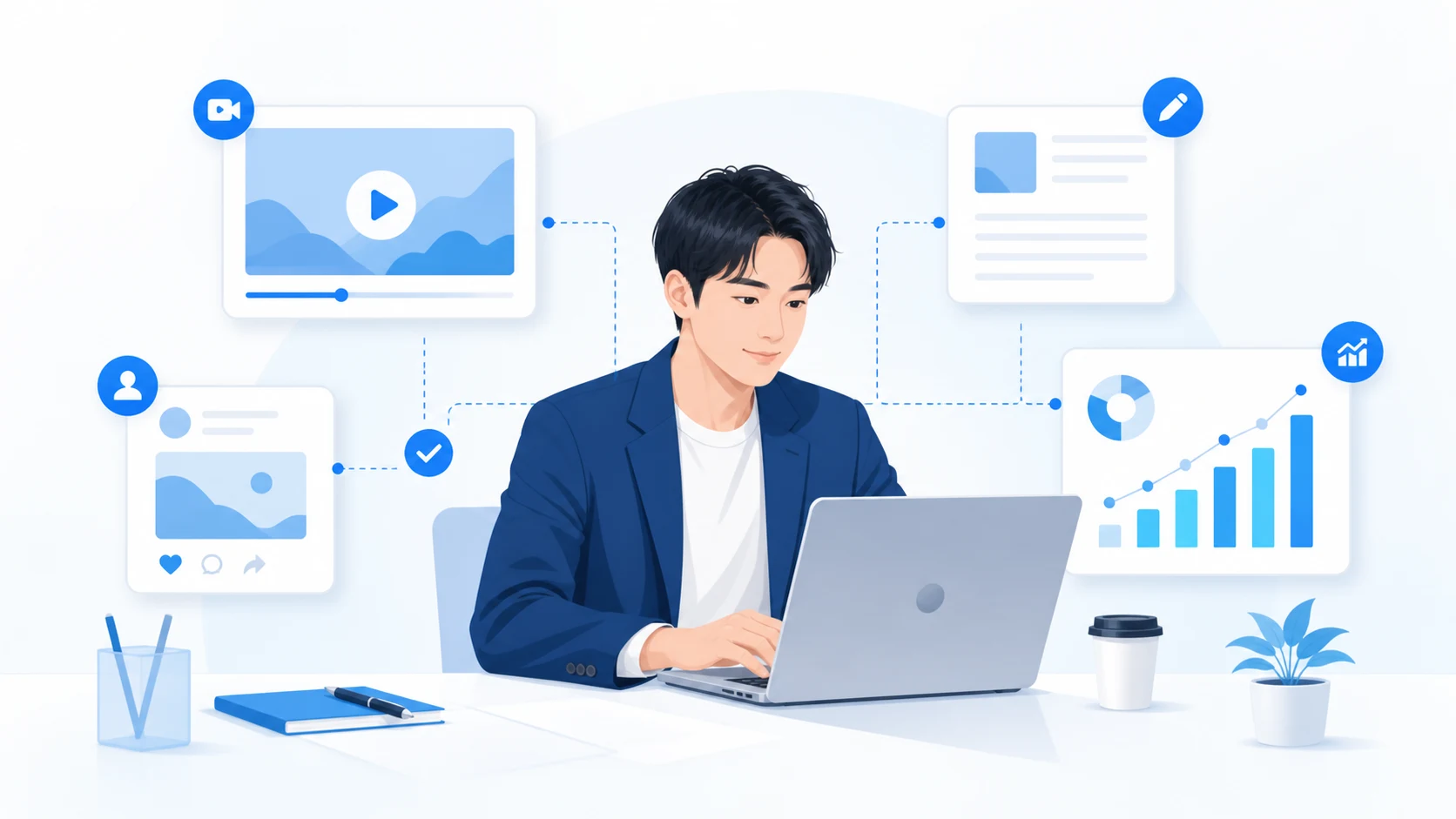 複数のSNS媒体でコンテンツ制作と分析を行うイラスト